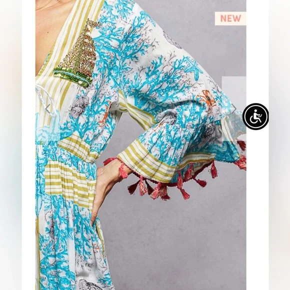 POL / Gorgeous.. Brand New Boho Aqua Print Maxi Dress with Red Tassels - Picture 4 of 6